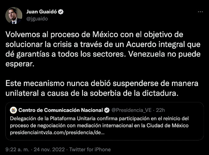 Gobierno y oposición de Venezuela reanudan diálogo en México