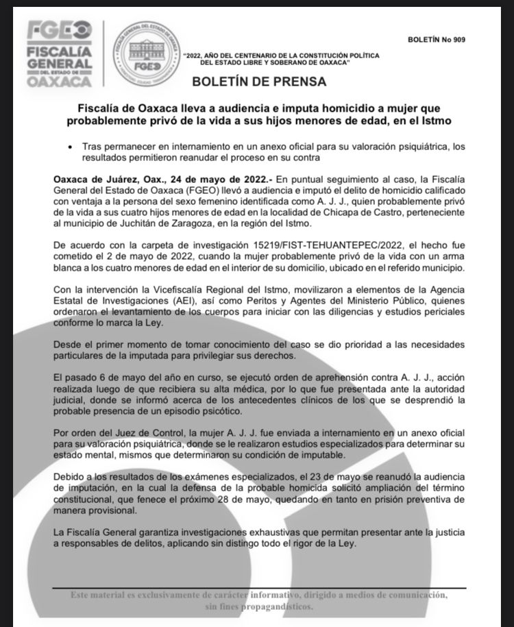 Fiscalía de Oaxaca imputa homicidio a mujer señalada de matar a sus 4 ...