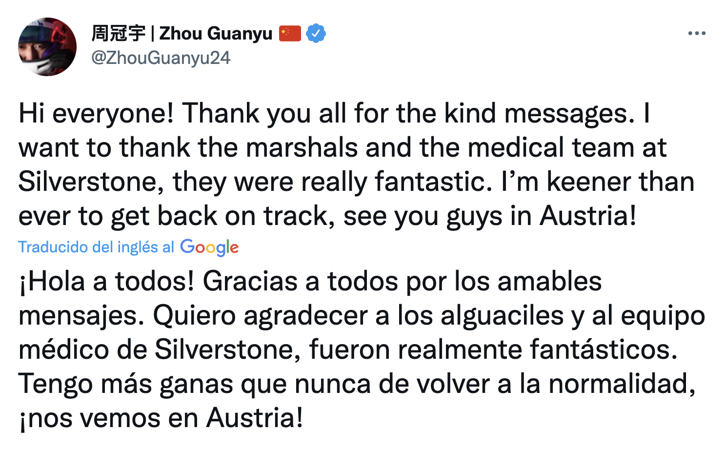 F1: Nada detendrá a Guanyu Zhou de correr el Gran Premio de Austria | Video  | Aristegui Noticias