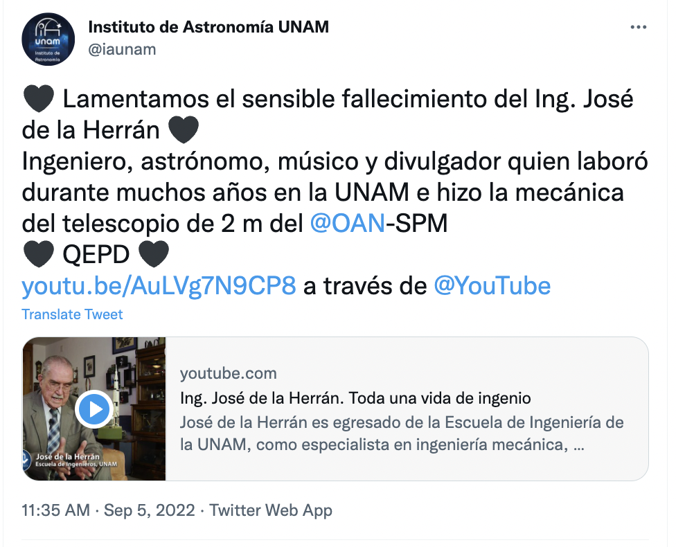 Fallece el ingeniero José de la Herrán, padre del telescopio más grande de  México | Aristegui Noticias