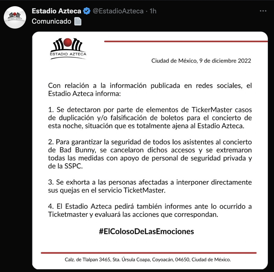 Estadio Azteca confirma clonación de boletos para concierto de Bad Bunny;  pide informe a Ticketmaster | Aristegui Noticias