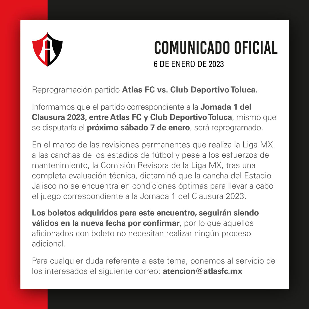 Liga MX: Reprograman el duelo entre Atlas y Toluca por mal estado de ...
