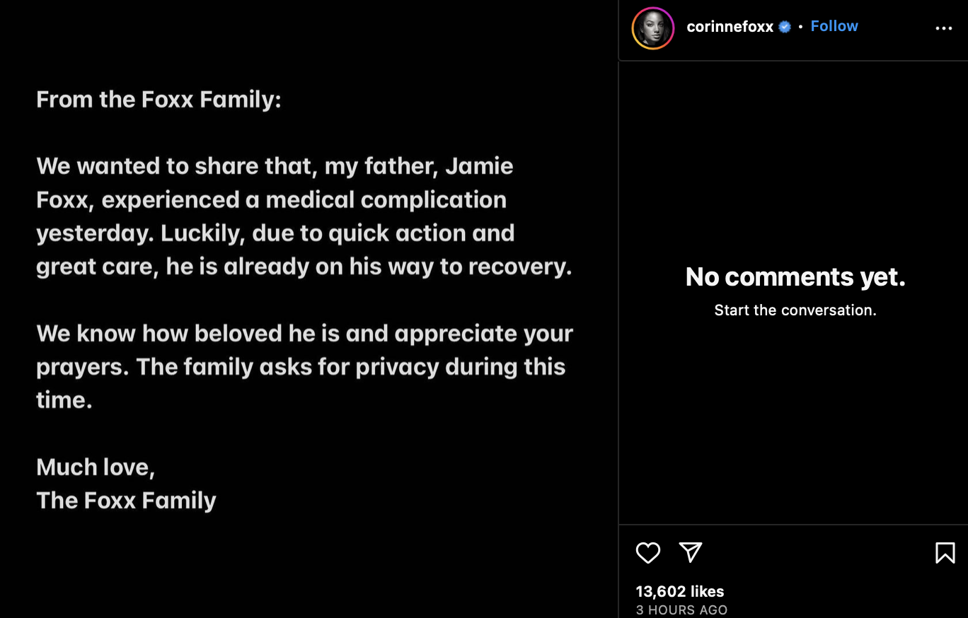 Jamie Foxx, hospitalizado de urgencia por una complicación médica