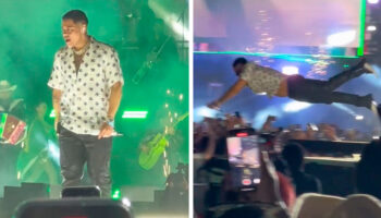 ¡Zaz! Eduin Caz de Grupo Firme se lanza al público y nadie lo atrapa | Video