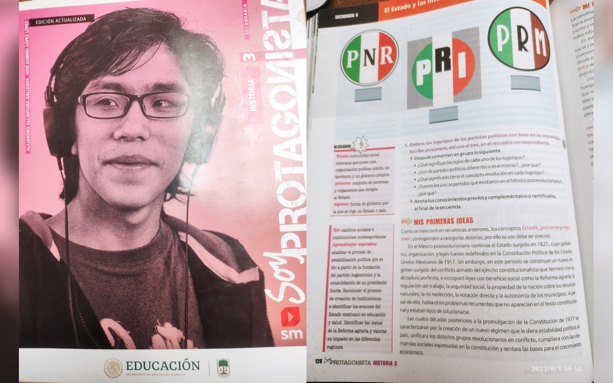 Marx Arriaga comparte páginas de libros de texto de Historia de la SEP con logos del PRI