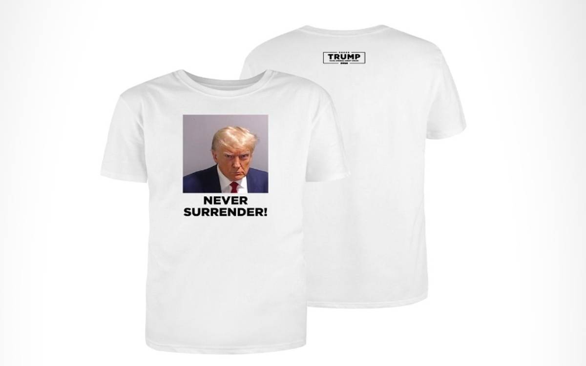 They sell T-shirts, mugs and other things with a record of Trump’s arrest.