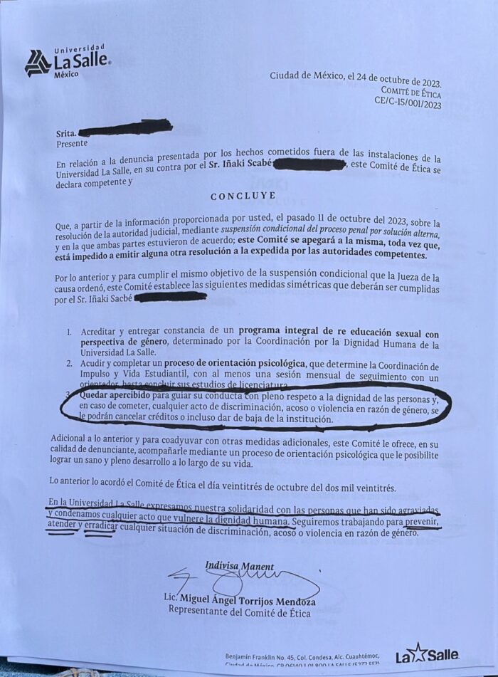 Carta enviada por el Comité de Ética a la víctima.