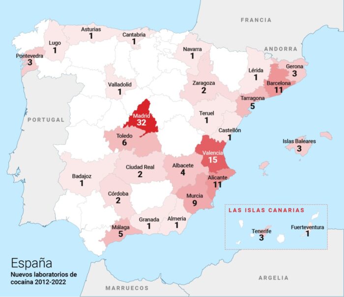 Distribución de laboratorios de cocaína detectados en municipios españoles entre 2012 y 2022. Datos obtenidos del Ministerio del Interior mediante solicitud de información por InfoLibre.