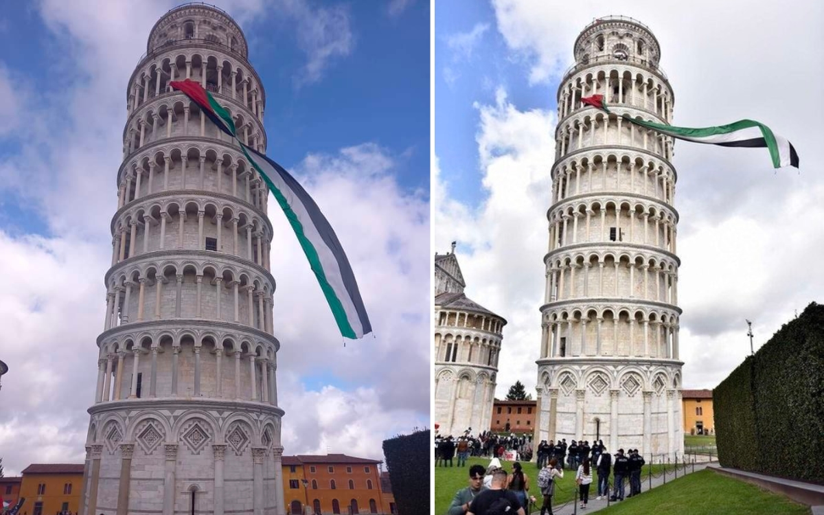 Video |  They climb the Leaning Tower of Pisa and fly the Palestinian flag.