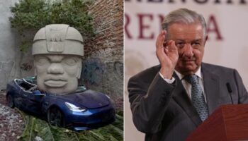 AMLO celebra cabeza Olmeca que aplastó un auto Tesla: 'me gustó'