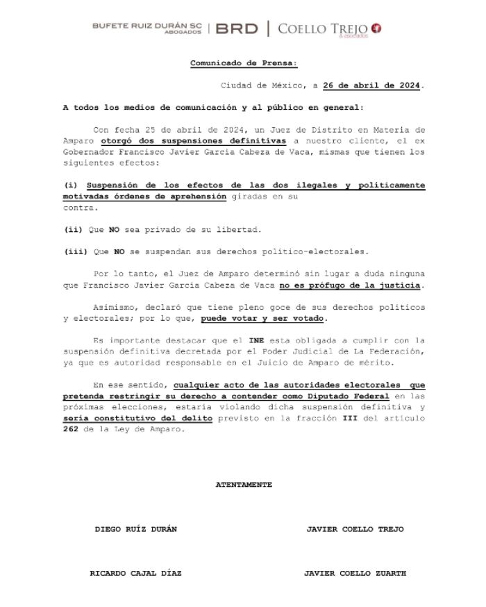 cabeza de vaca debe volver a ser candidato a diputado, afirman sus abogados