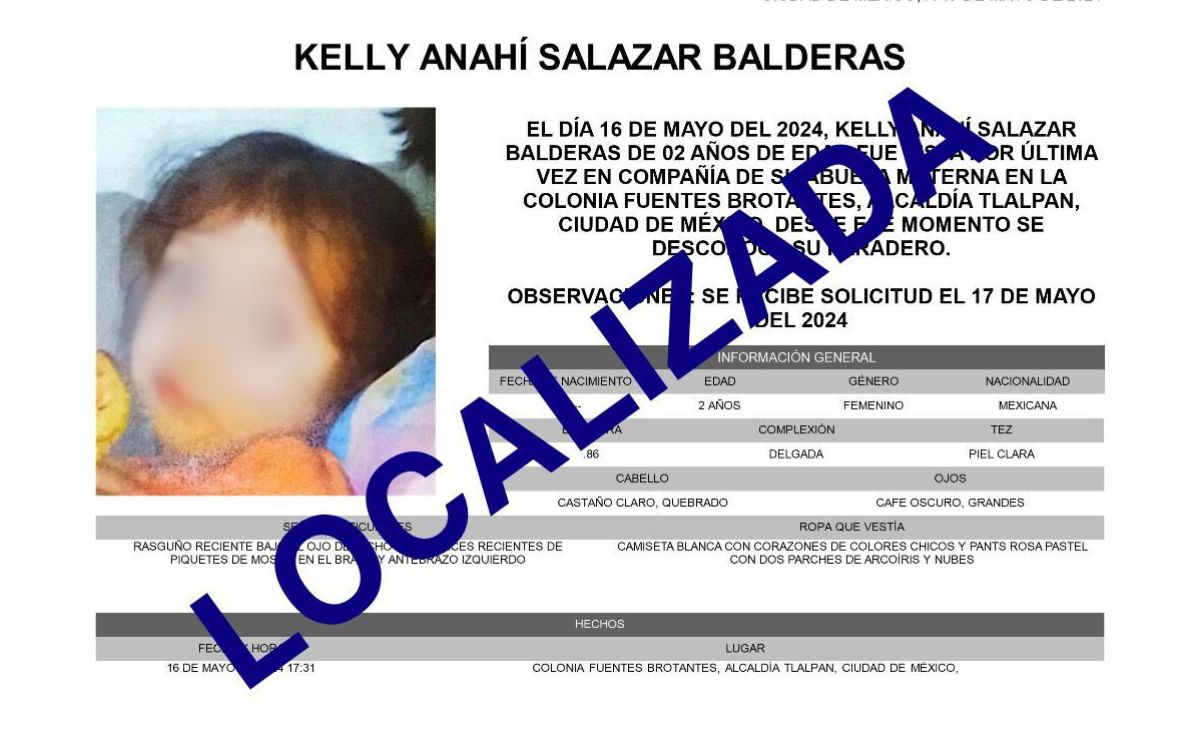 Localizan a menor de dos años desaparecida en Tlalpan