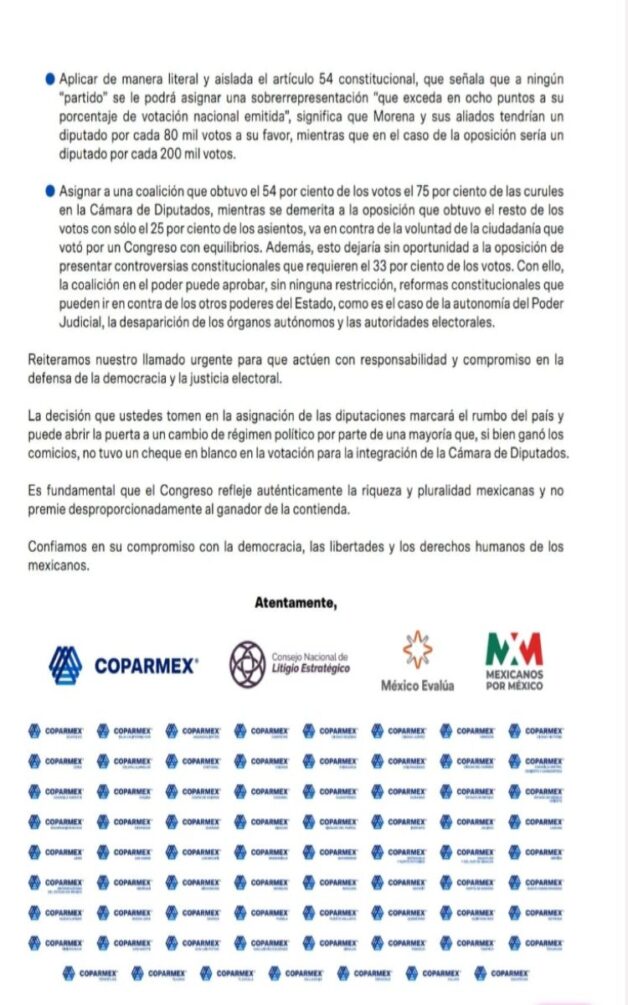 Coparmex pide al INE y al TEPJF rechazar la sobrerrepresentación ...
