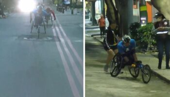 Competidor en silla de ruedas sufre aparatoso accidente por culpa de una coladera y abandona Maratón