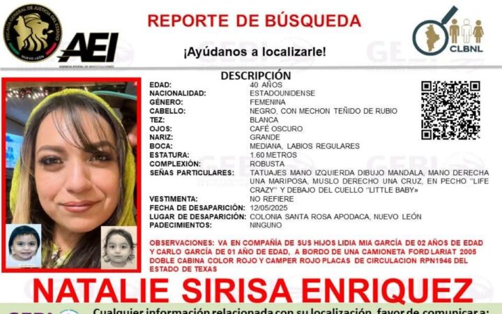 Reportan en Nuevo León desaparición de mujer estadounidense con sus dos hijos Reportan en Nuevo León desaparición de mujer estadounidense con sus dos hijos