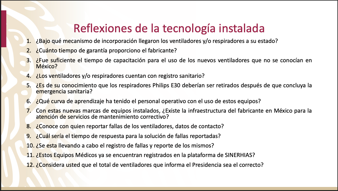 Documento de la Secretaría de Salud de julio de 2020 en el que se menciona que los aparatos E30 debían ser retirados después de la emergencia sanitaria.