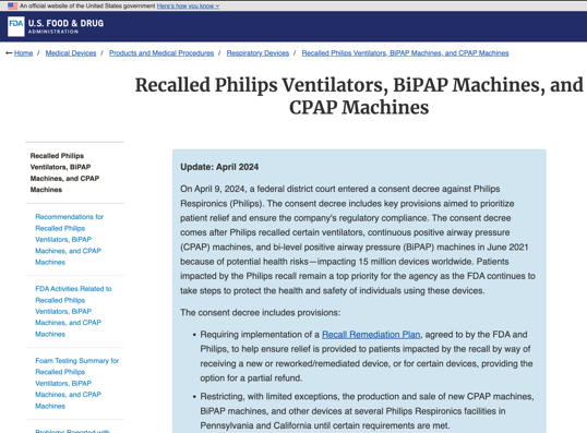Reporte de Philips en el que se informa del retiro de ventiladores, entre los que se encuentra el modelo E30 que es el que se distribuyó en 255 hospitales de México.