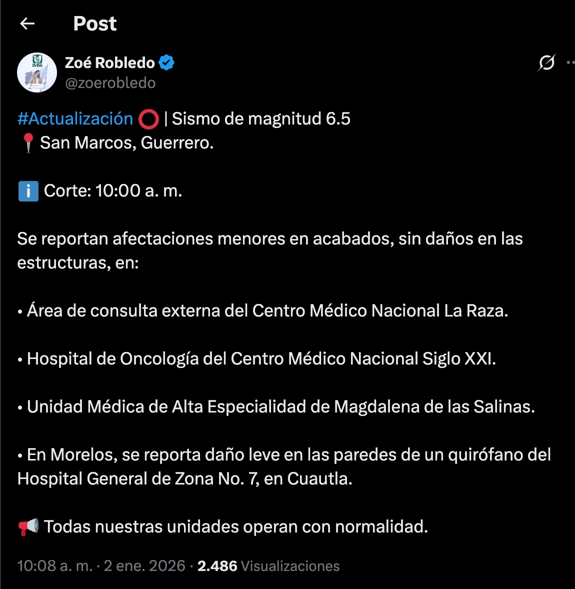 Foto: Post Zoé Robledo (X)