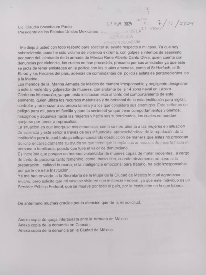 Foto: Carta de Violeta Sánchez a la presidenta Claudia Sheinbaum para denunciar la violencia que ha sufrido.