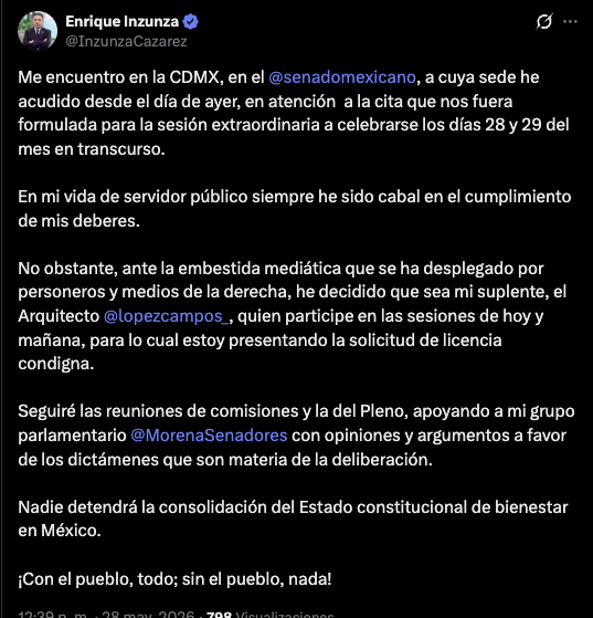 Inzunza pide licencia, a casi un mes de que EE.UU. presentó cargos por narco