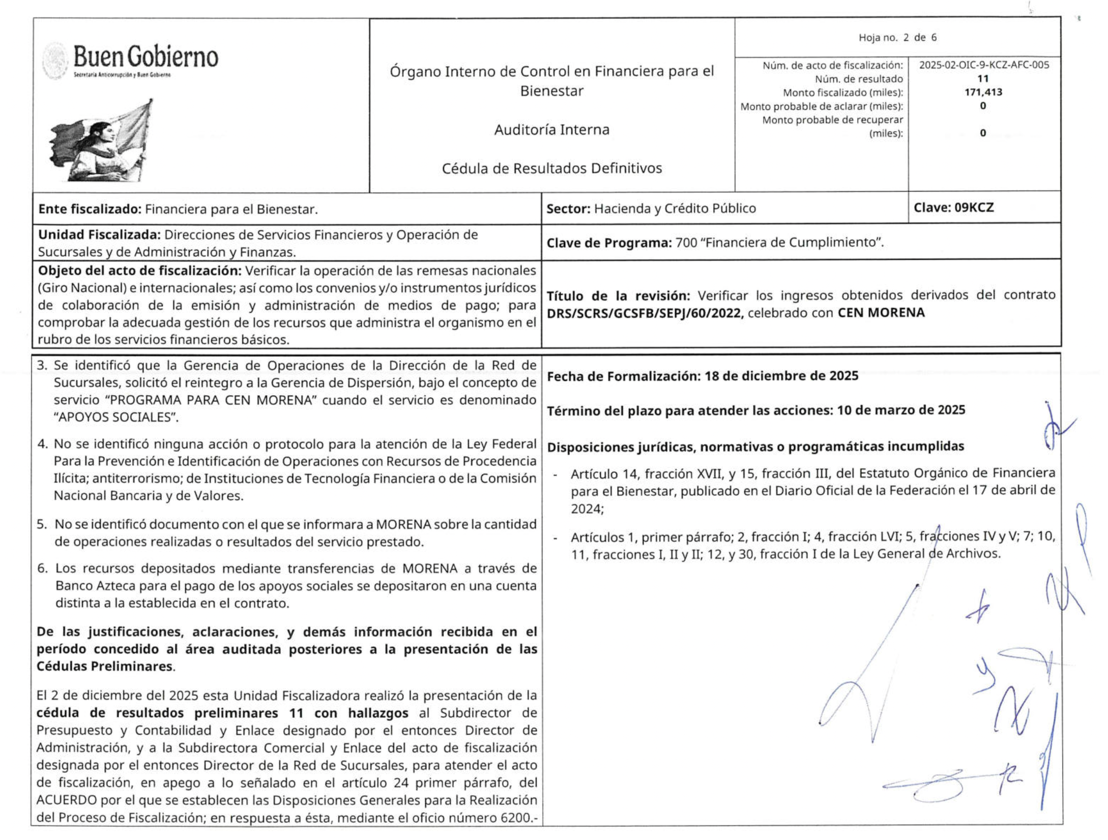 En este reporte de resultados de la auditoría se precisa que el 28 de junio de 2024 -semanas después de la elección federal- se dio por terminado el contrato del CEN de Morena con Finabien. En el mismo documento se refiere que el acuerdo original era expedir hasta 252 mil 901 giros por concepto de apoyos sociales.