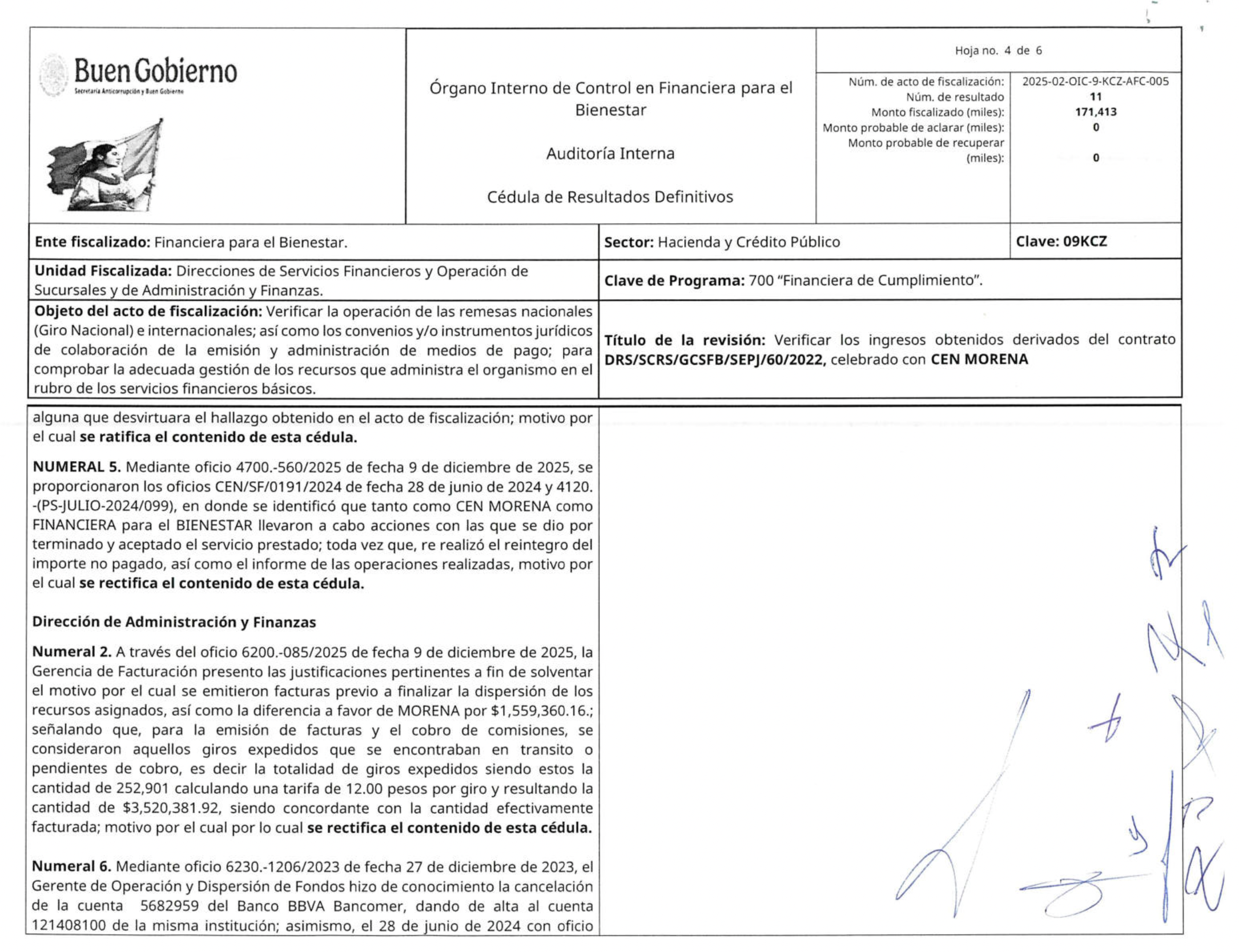 Extracto del informe final de la auditoría en el que se reporta que no se cumplieron protocolos para prevenir e identificar lavado de dinero en las transacciones. El mismo documento ratifica que el servicio que prestó Finabien al CEN de Morena fue denominado “APOYOS SOCIALES”.