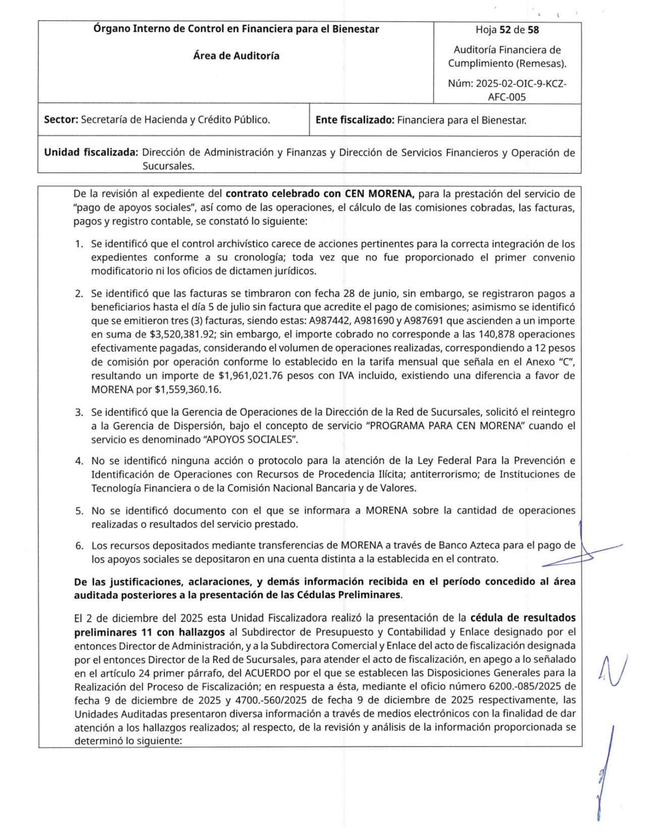 Extracto del informe de la auditoría realizado al contrato del CEN de Morena con Finabien, por concepto de “pago de apoyos sociales”. (Subrayar las partes donde diga “Contrato celebrado con CEN Morena”, Morena y “Apoyos sociales”).