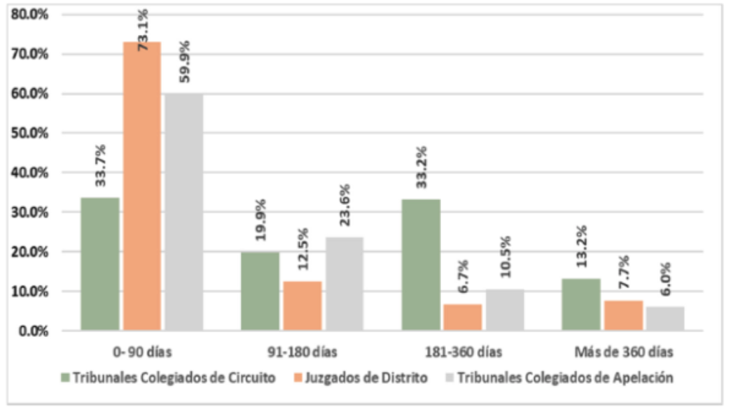 Así, el análisis estadístico nacional revela que del universo de asuntos reportados como integrados para poder resolverse, 210,459 presentan algún tipo de rezago, esto es, el 62.70% de asuntos radicados en los órganos jurisdiccionales, mientras que el 37.3% restante está dentro del plazo legal para ser resueltos oportunamente, como se puede advertir en esta siguiente gráfica. Fuente: Dirección General de Estadística Judicial (DOF 12-08-2026).