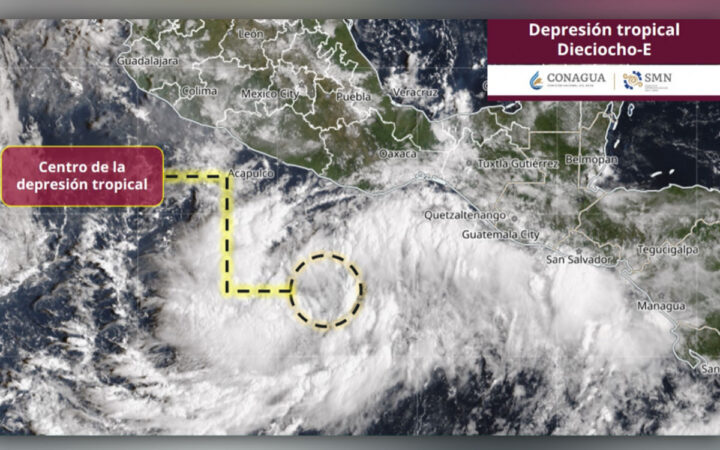 Depresión tropical Dieciocho-E provocará lluvias intensas y oleaje elevado en costas del Pacífico Depresión tropical Dieciocho-E provocará lluvias intensas y oleaje elevado en costas del Pacífico
